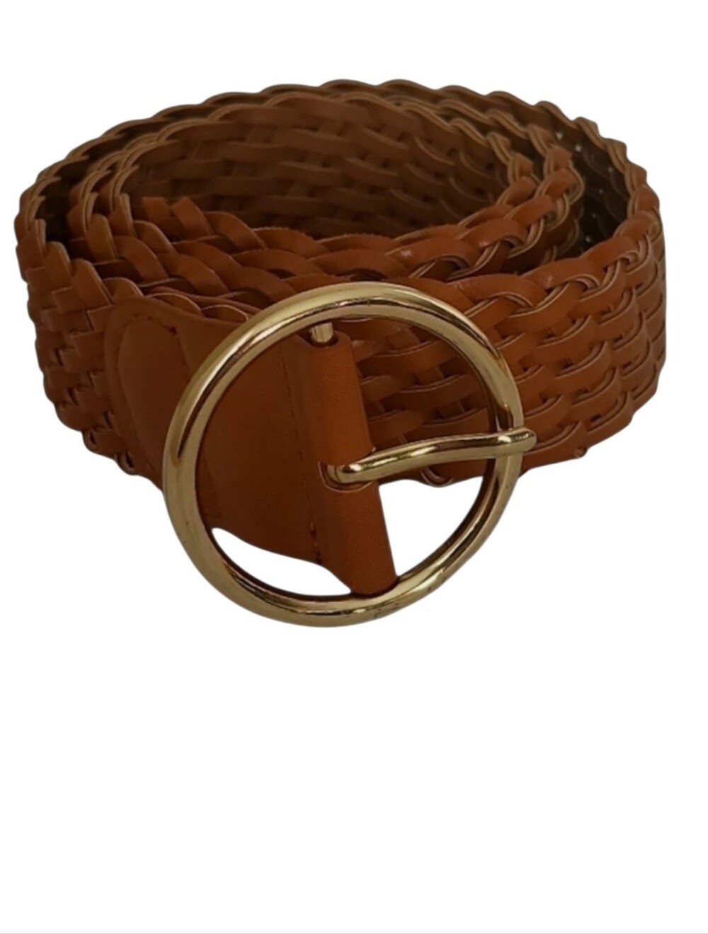 Brown Vegan Leather Braided Belt Bright Goldtone Buckle M/L